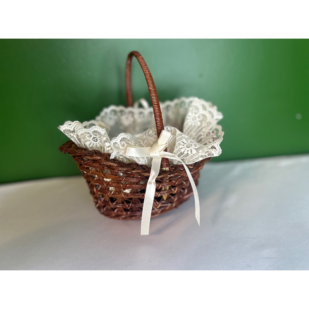 Vintage Wicker Flower Girl Basket Dark Brown Wood with Scalloped Lace and Bow